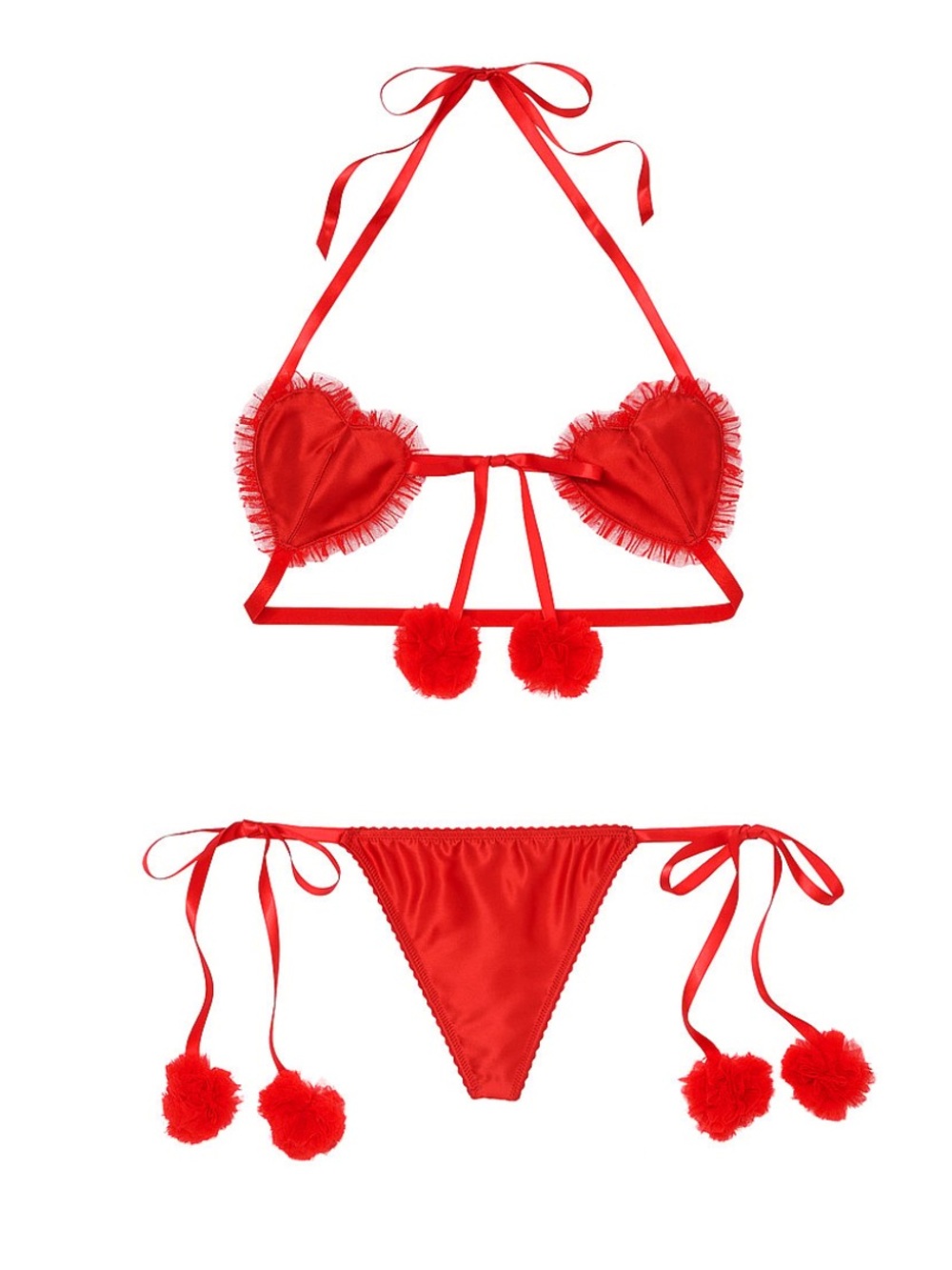 VS • Very Sexy Heartbreaker Red Satin Pom Pom Lingerie Set